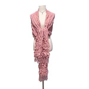 Boho Chic Scarf - Cozy Textured Pink Knit Wrap with Fringe – Handmade Style